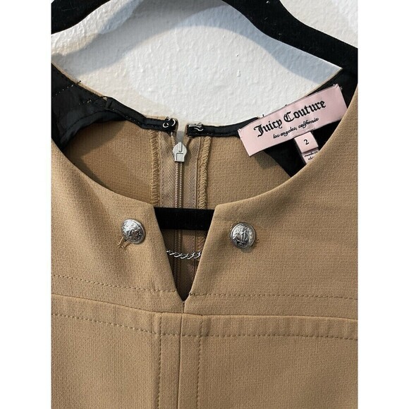 Vintage y2k Juicy Couture Tan Pleated Mini Dress Sz 2 Silver Buttons And Chain - Picture 1 of 8